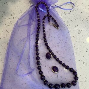 Vintage Necklace and Earrings Set Purple/Gold Beads